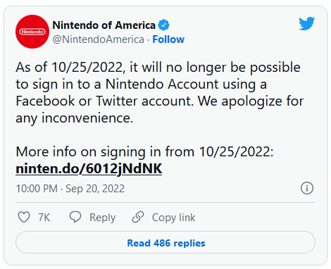 任天堂宣布10月起不再支持Twitter/Facebook登录其账号系统